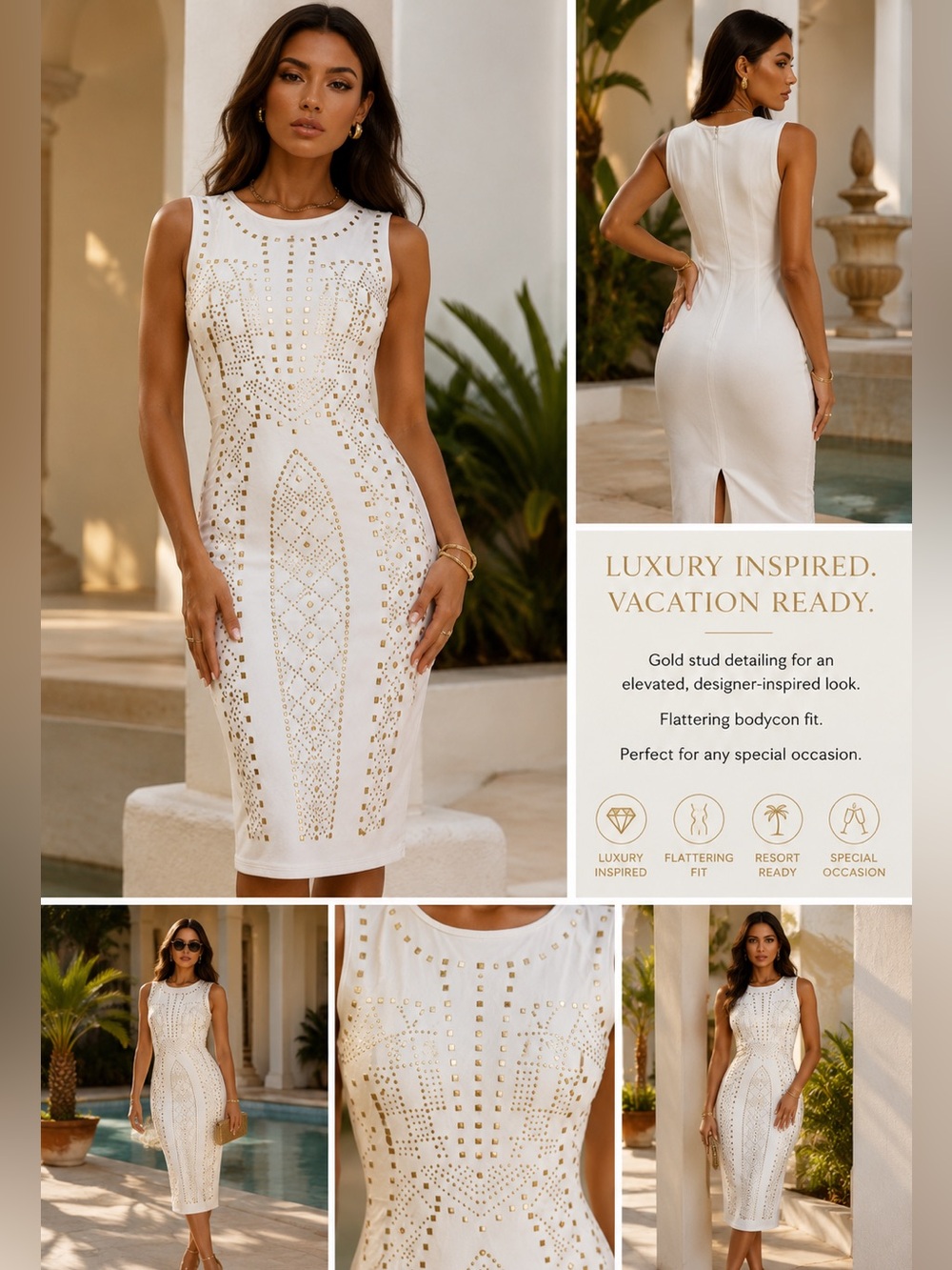 White Gold Studded Bodycon Midi Dress L Versace Inspired Vacation Resort Glam